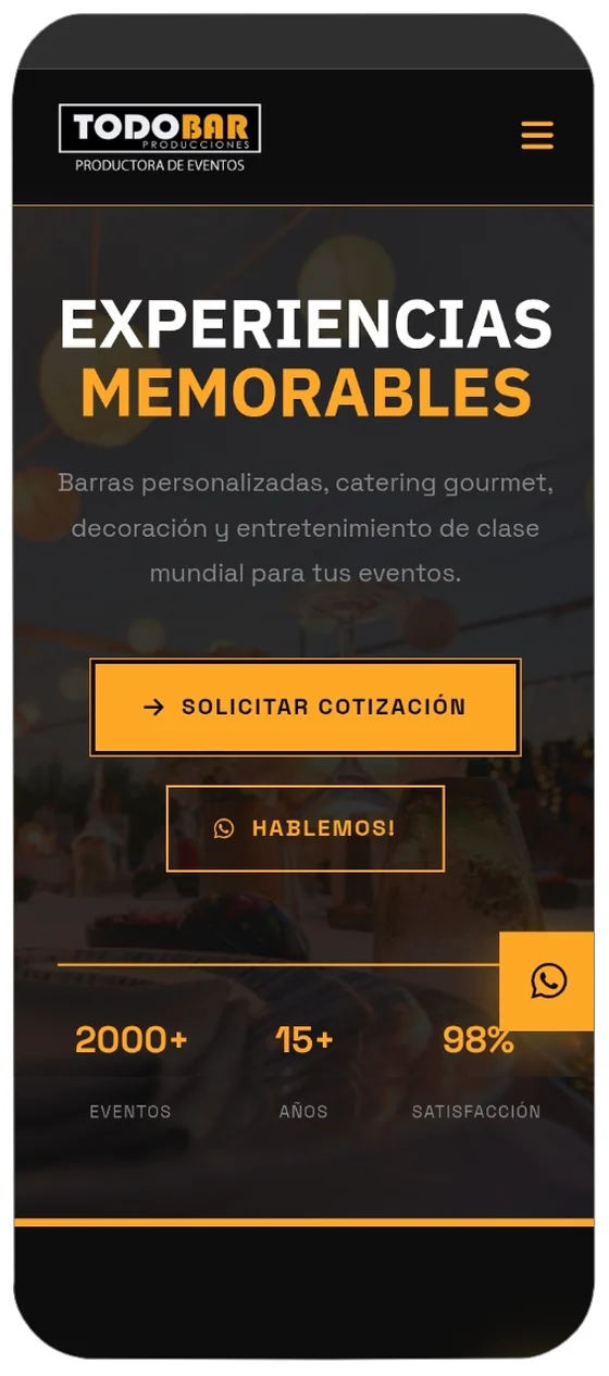 Sitio de TodoBar Producciones visto en un celular
